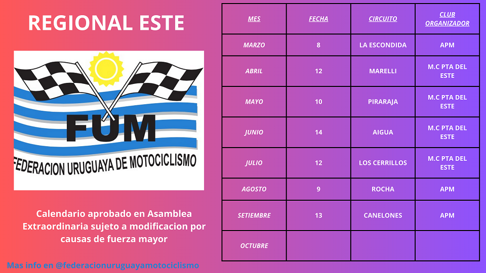 CALENDARIO ESTE 2026