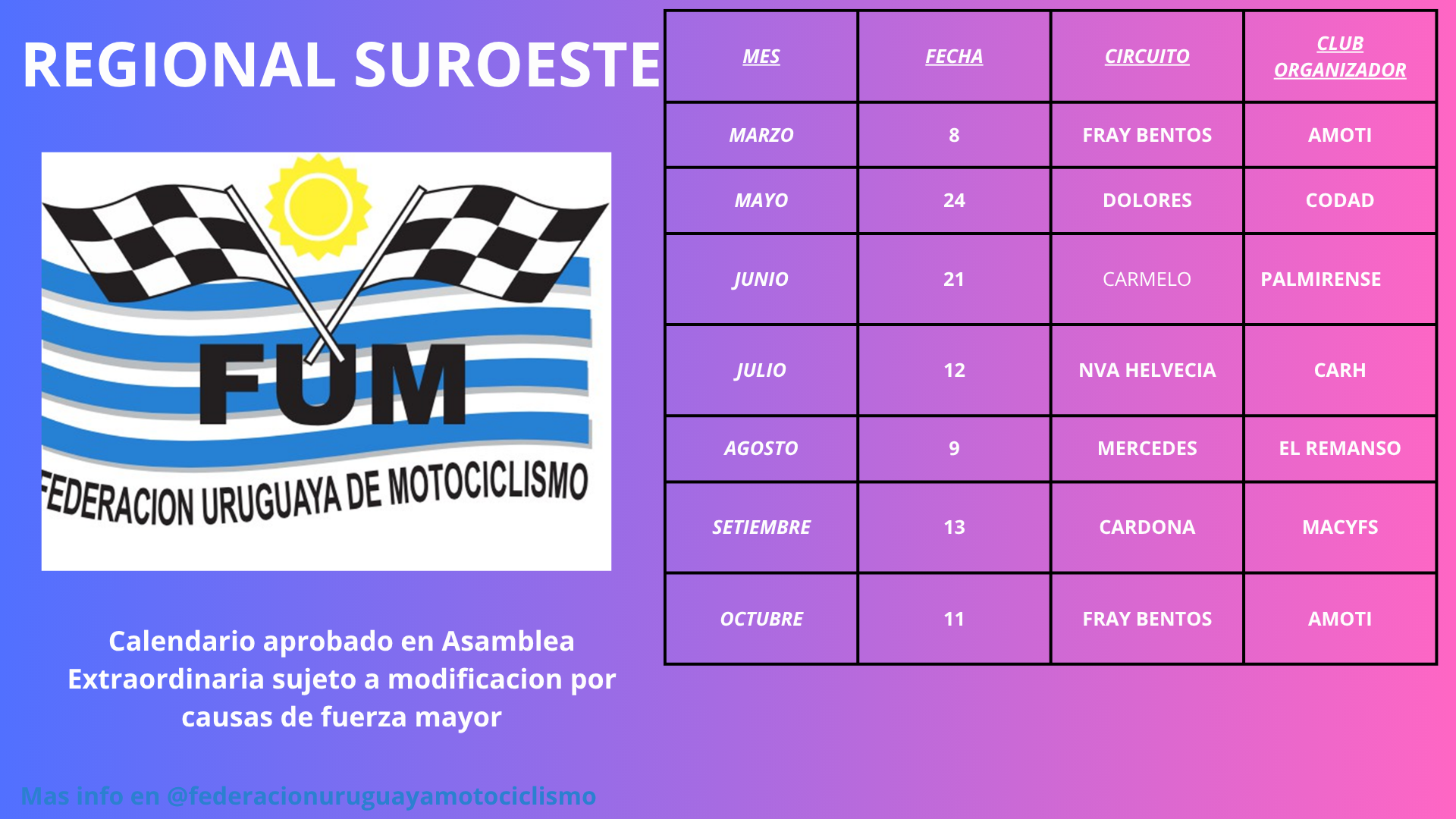 CALENDARIO SUROESTE